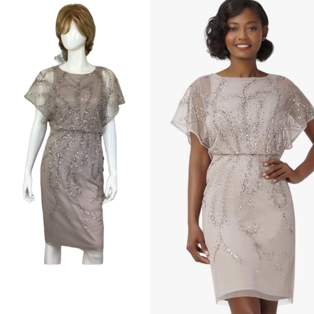 NEW $249 Adrianna Papell Taupe Beaded Short Sheath Cocktail Mini Blouson Dress 6